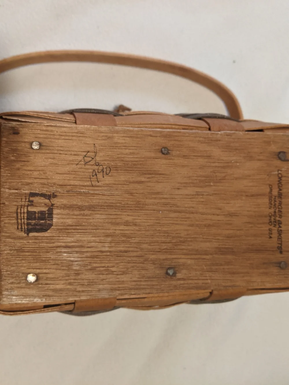 Vintage 1990 Longaberger Woven Wood Basket with Lid & Handle• Signed Dresden OH